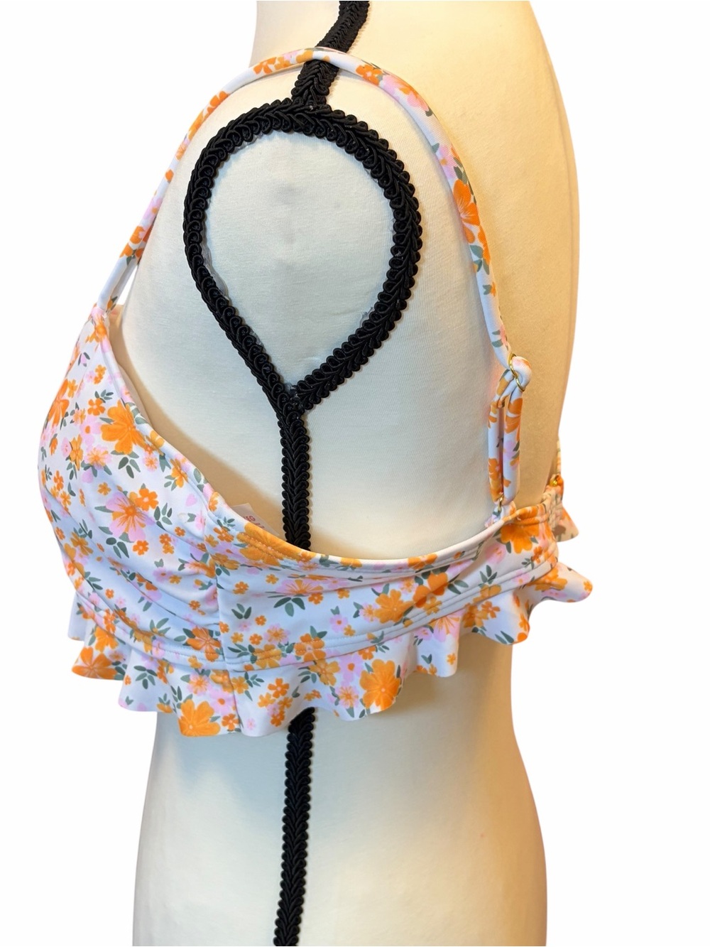 Ninety-Nine Orange White Green Floral Ruffle Hem Swim Top Size XL - Picture 3 of 7